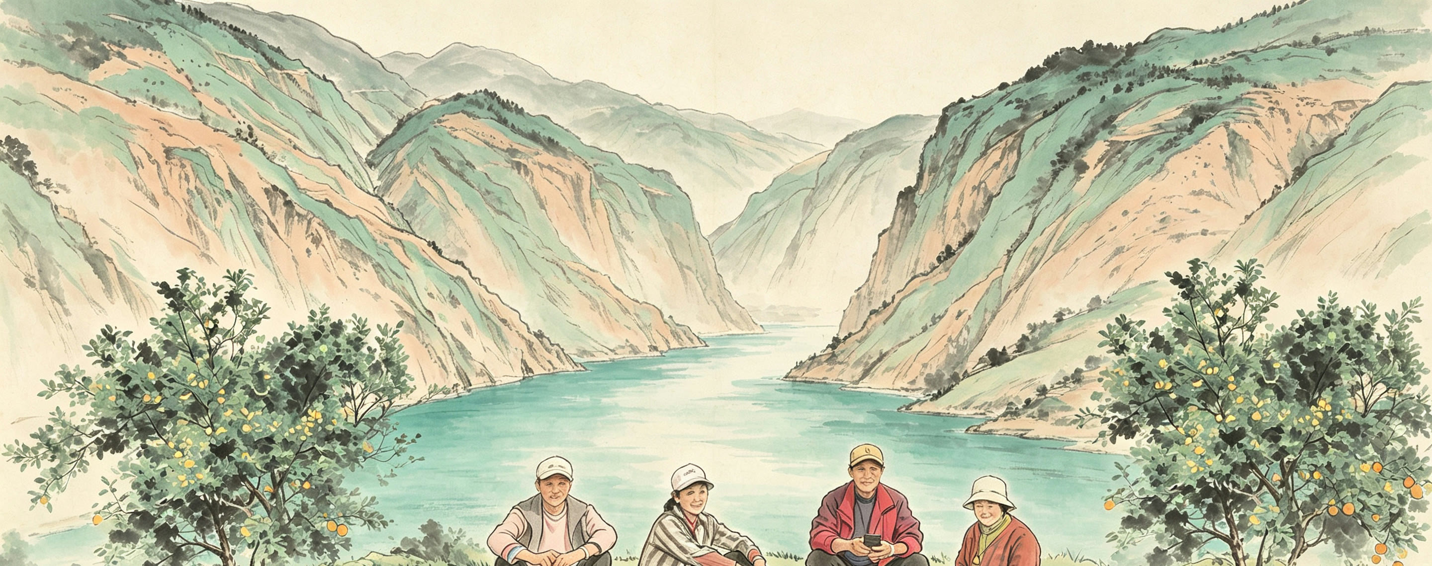 金沙江河谷柑橘园、山峦与山野人物场景 · 品牌视觉插画(AI 辅助生成)